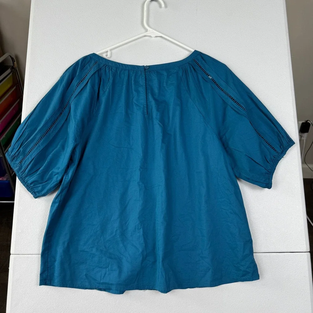 Loft Teal Blue Ladder Stitch Puff Sleeve Pleated Blouse Top Womens M 761445